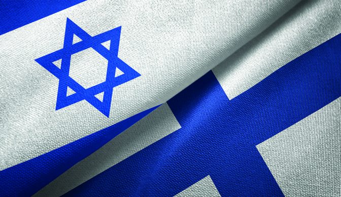 Finland and Israel two flags together textile cloth fabric texture